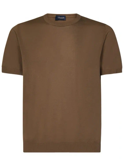 Drumohr Camel Cotton Knit Crewneck T-shirt In Brown
