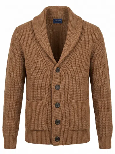 Drumohr Shawl-collar Ribbed Cardigan In Brown