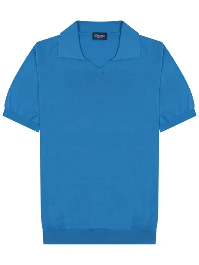 Drumohr Knit Polo Shirt Ribbed Trims Short Sleeves In Blue