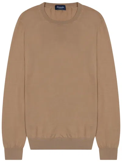 Drumohr Cotton Knit Sweater Crew Neck Ribbed In Brown