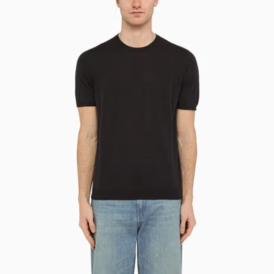 Drumohr Crew Neck T-shirt In Navy Blue Cotton In Black