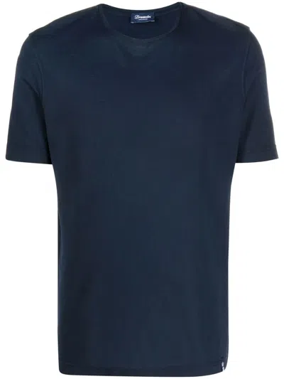 Drumohr Check Detail Cotton T-shirt In Blue