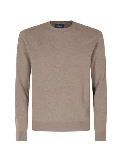 Drumohr Beige Crew Neck Cashmere Wool Sweater In Brown