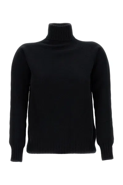 Drumohr Flat-knit Wool Turtleneck Sweater With Ribbed Finishing In Black