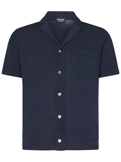 Drumohr Frosted Navy Bowling Shirt With Chest Patch Pocket In Blue