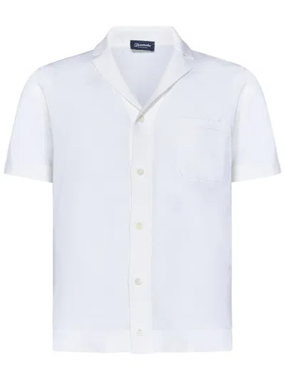 Drumohr Frosted White Cotton Bowling Shirt With Chest Patch Pocket