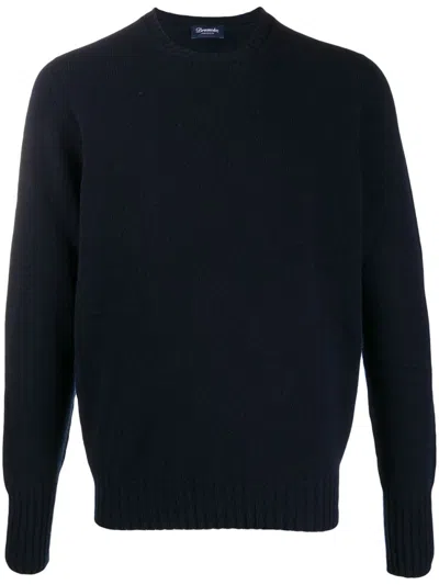Drumohr Ribbed Hem Long-sleeve Navy Fine Knit Sweater In Blue