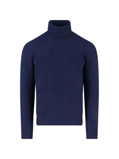 Drumohr Cashmere Turtleneck Sweater With Ribbed Details In Blue