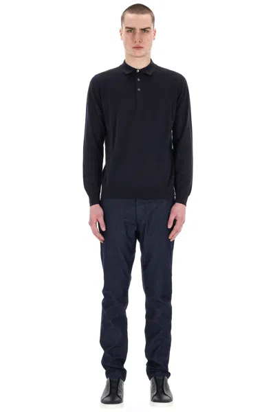 Drumohr Lightweight Cotton Long Sleeve Polo In Black