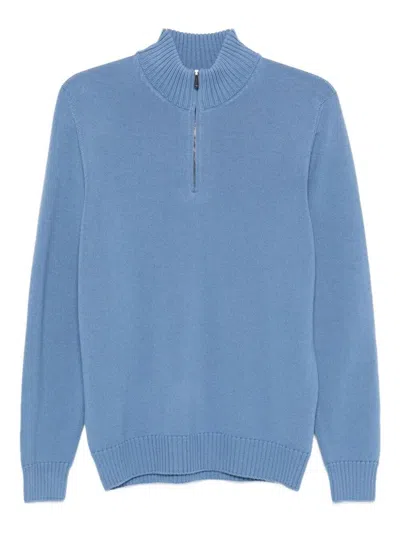 Drumohr Long Sleeve Mock-neck Zip Sweater In Blue
