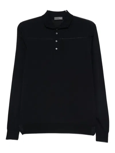 Drumohr Fitted Black Merino Wool Long Sleeve Polo