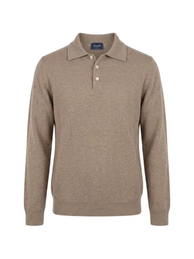 Drumohr Long Sleeve Polo Shirt Ribbed Cuffs Hem In Nude