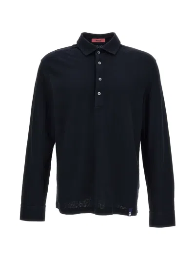 Drumohr Cotton-linen Blend Polo Shirt With French Collar In Blue