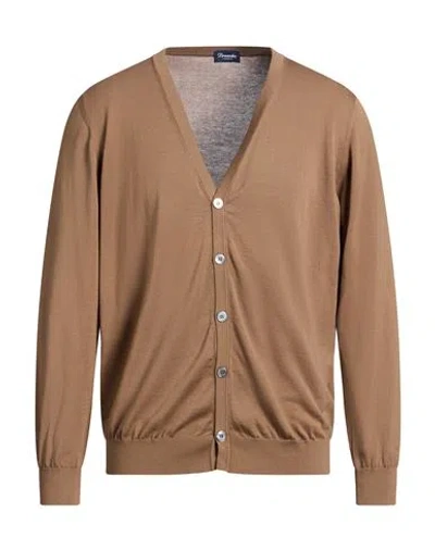 Drumohr Man Cardigan Light Brown Size 44 Cotton In Sand
