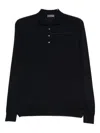 Drumohr Fitted Black Merino Wool Long Sleeve Polo In Blue