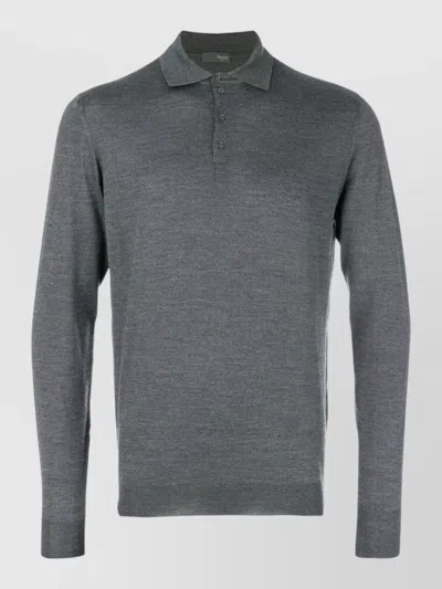Drumohr Merino Wool Polo Sweater Long Sleeves In Gray