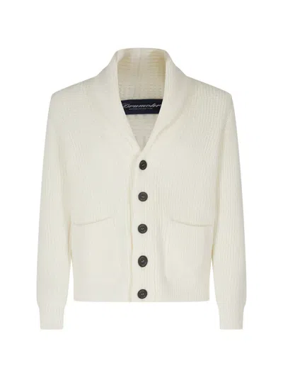 Drumohr Cream Shawl Collar Ribbed Knit Virgin Wool Cardigan In White