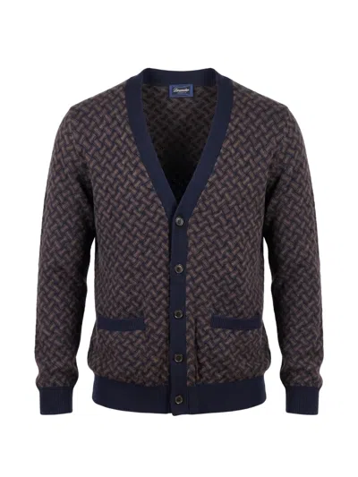 Drumohr Razor Jacquard Cashmere Cardigan In Brown