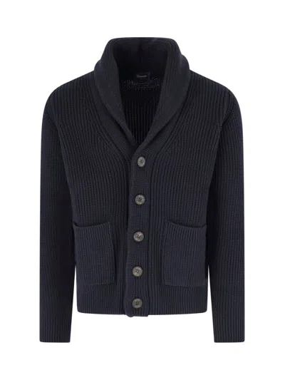 Drumohr Ribbed Knit Merino Cardigan With Shawl Collar And Button Closure In Black