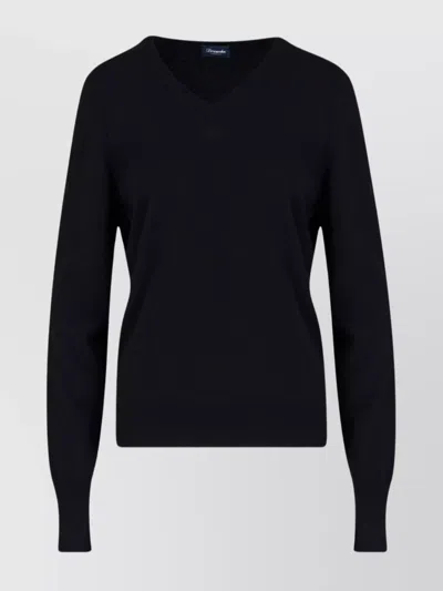 Drumohr Ribbed V-neck Knitwear With Long Sleeves In Black  