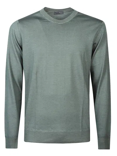 Drumohr Round Neck Long Sleeve Sweater With Ribbed Hem And Cuffs In Green