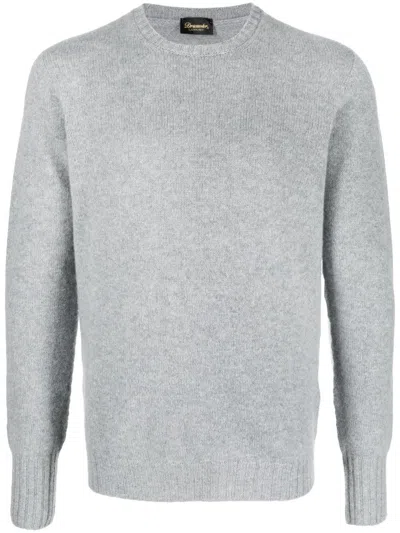 Drumohr Light Grey Ribbed Hem Crew Neck Wool Sweater In Blue