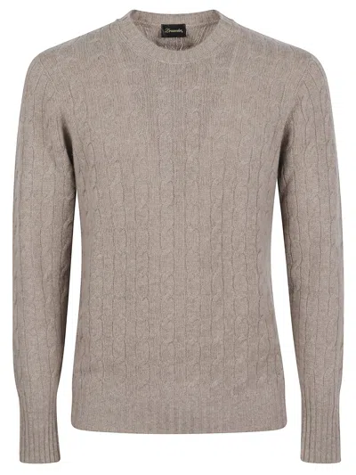 Drumohr Roundneck Braided Wool Sweather In Brown