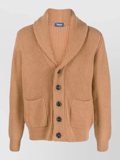 Drumohr Shawl Collar Knit Jacket Long Sleeves Pockets In Brown
