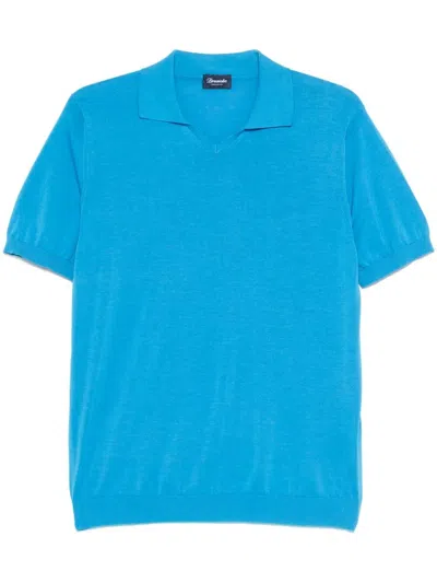 Drumohr Short Sleeve V-neck Polo In Blue