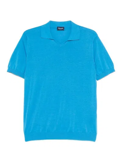 Drumohr Short Sleeve V-neck Polo In Blue
