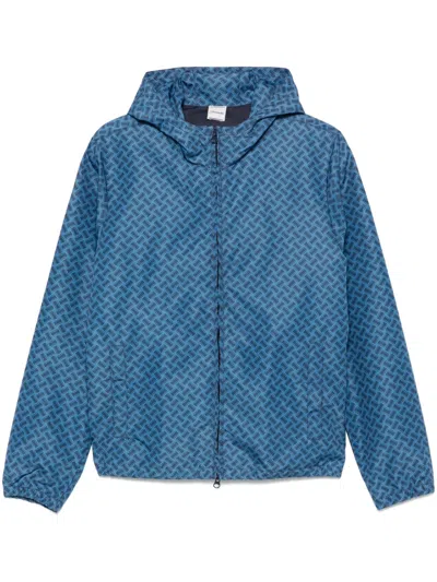 Drumohr Geometric Patterned Lightweight Jacket With Hood In Blue