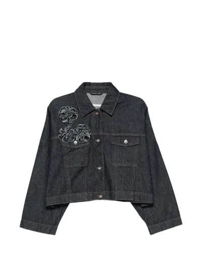 Drykorn Floral-appliqué Cropped Denim Jacket In Blue