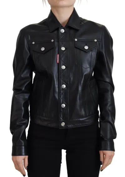 Dsquared² Black Leather Collared Long Sleeves Jacket