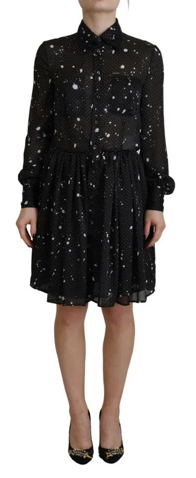 Pre-owned Dsquared² Black Polka Dot Long Sleeves Button Down Women's Dress ()