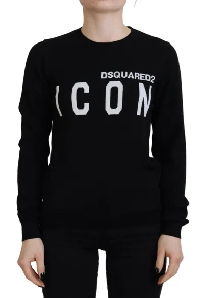Pre-owned Dsquared² Black Virgin Wool Logo Print Long Sleeves Women's Sweater ()