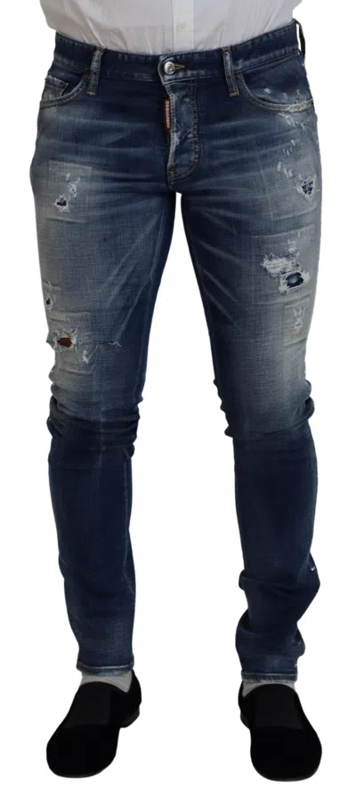 Dsquared² Blue Washed Cotton Tattered Skinny Denim Men's Jeans