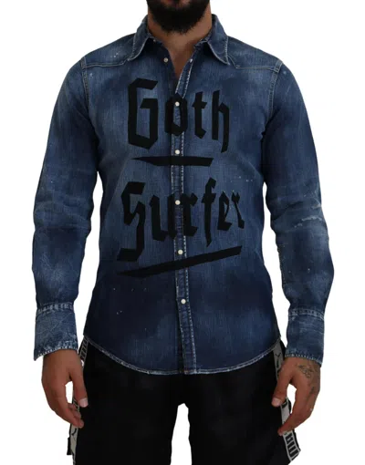 Dsquared² Blue Washed Goth Surfer Print Men Denim Shirt