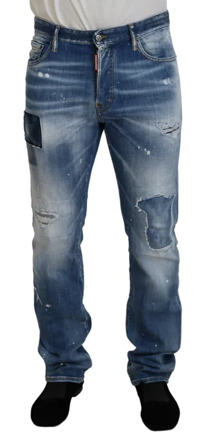 Dsquared² Blue Washed Tattered Straight Fit Casual Denim Men's Jeans