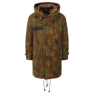 Dsquared² Camo Textured Hooded Parka With Leather Details In Brown