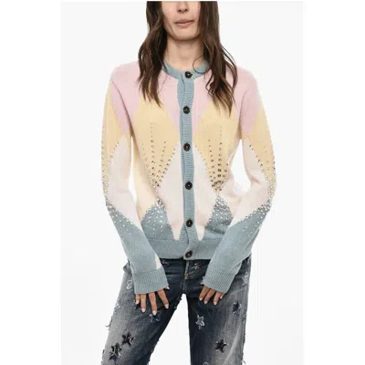 Dsquared2 Color Block Virgin Wool Cardigan With Jewels