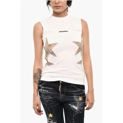 Dsquared2 Cotton Crew-neck Top With Jewels In White