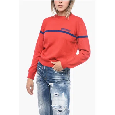 Dsquared2 Crew Neck Virgin Wool Sweater With Embroidered Logo In Red+navy Logo