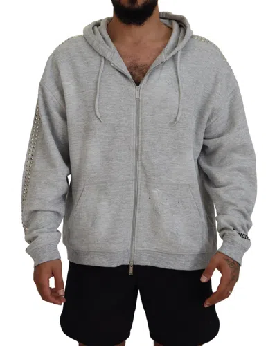 Dsquared² Gray Hooded Printed Crystal Embellishment Men's Sweater