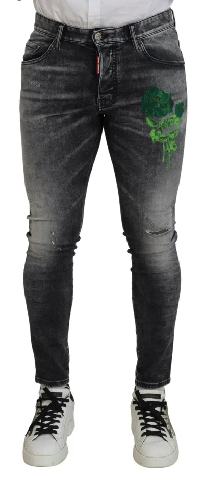Dsquared² Gray Washed Green Print Skinny Casual Denim Men's Jeans In Black