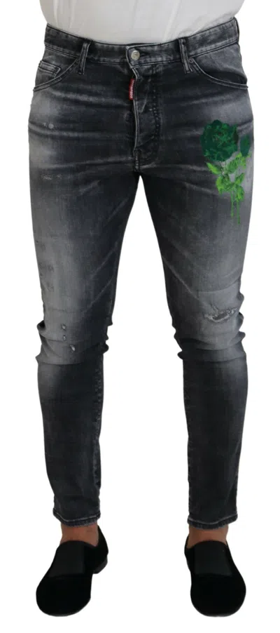 Dsquared² Gray Washed Green Print Skinny Casual Denim Men's Jeans In Black