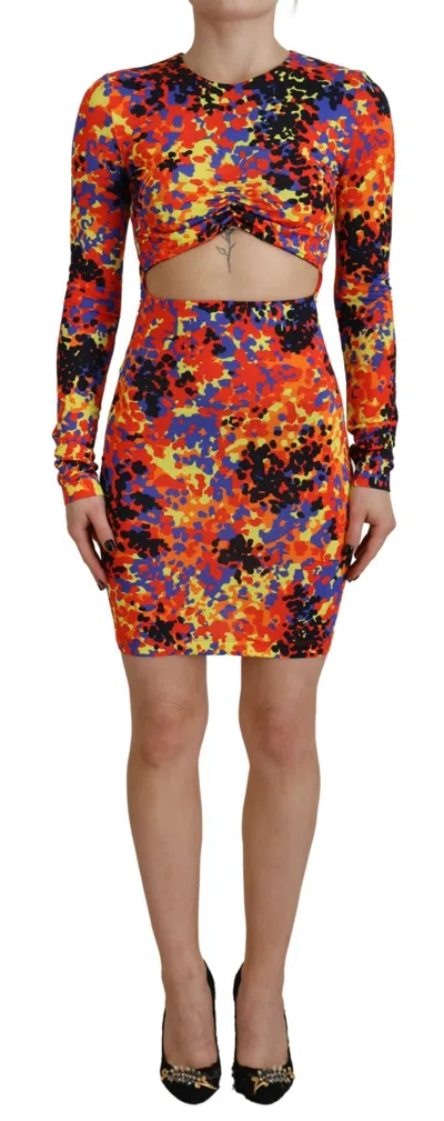 Dsquared² Multicolor Batik Open Belly Long Sleeves Dress