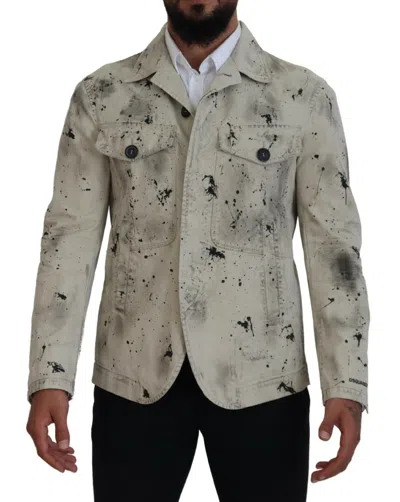 Pre-owned Dsquared² Off White Black Splash Print Casual Denim Men's Jacket ()