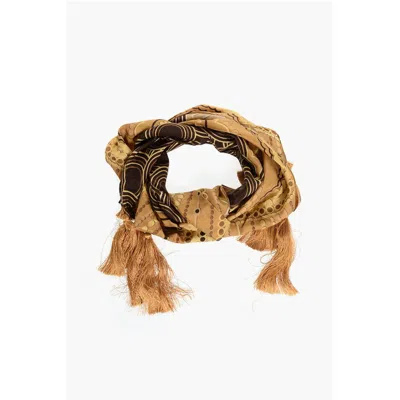 Dsquared2 Patterned Silk Foulard With Tassels In Brown