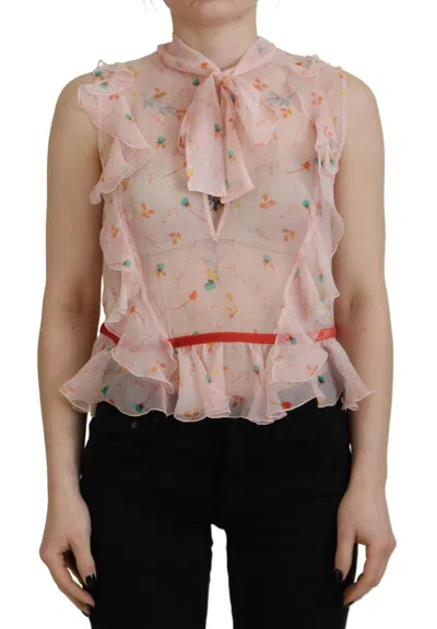 Dsquared² Pink Floral Print Silk Sleeveless Ascot Collar Women's Top