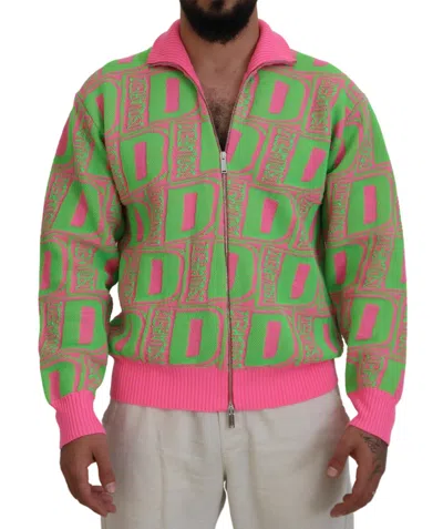 Dsquared² Pink Green Collared Long Sleeves Full Zip Sweater